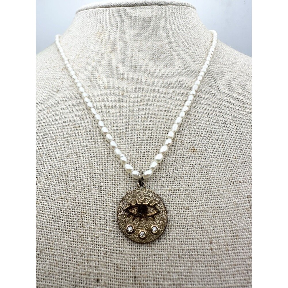 925 Sterling Silver Hermina Pearl Evil Eye Charm Necklace 17β